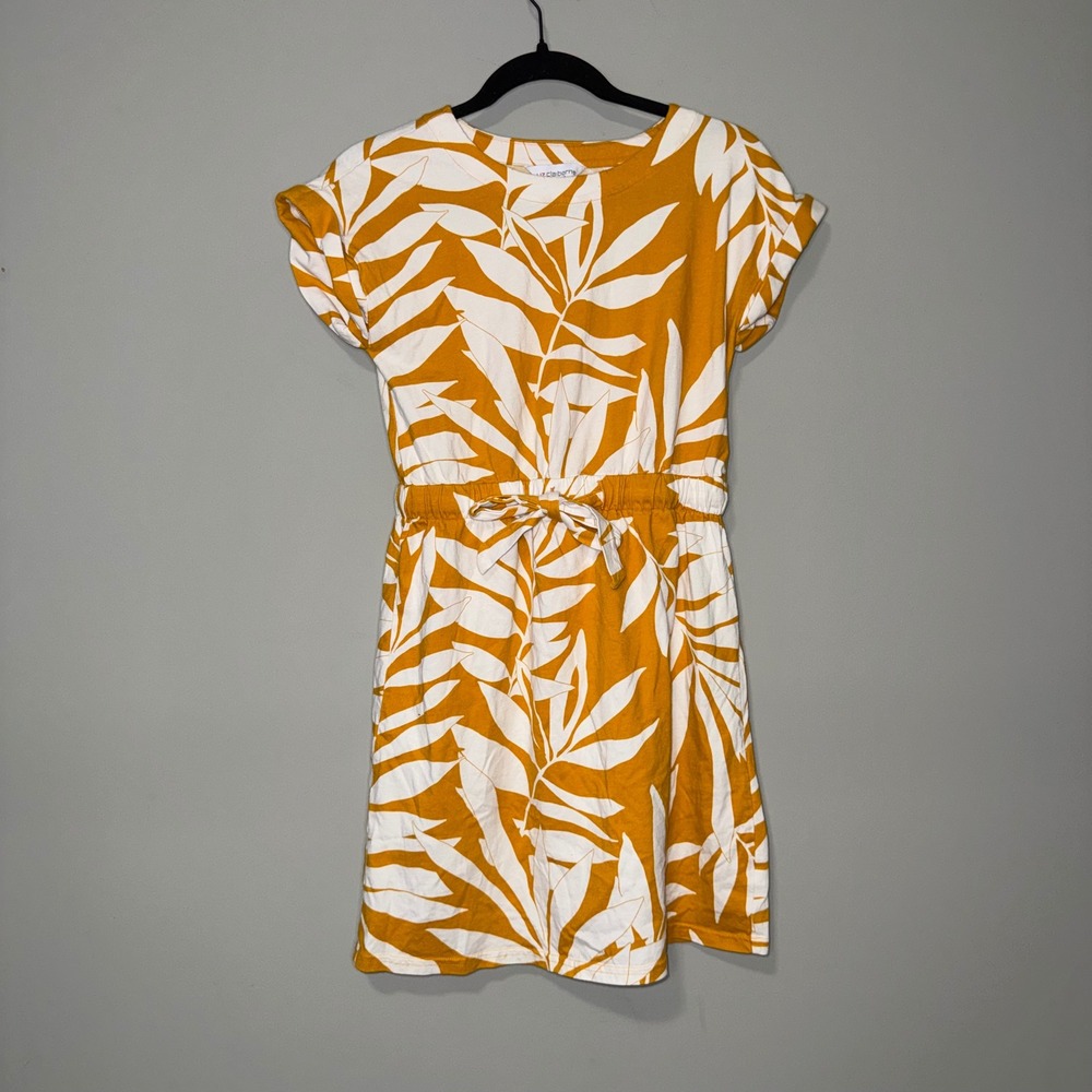 Liz Claiborne Womens Petite PS Mustard Yellow Tropical Leaf Tie Waist Dress